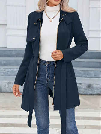 Kadın Uzun Kollu Boyundan Düğmeli Fermuarlı Beli Kuşaklı Süet Ceket