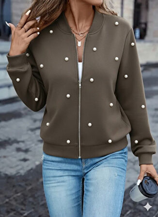 Kadın Uzun Kollu önden Fermuarlı Incili Kısa Modal Ceket