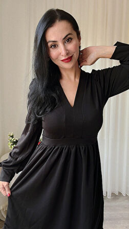 Kadın Uzun Kollu V Yaka Belden Hafif Pileli Scuba Krep Mini Boy Elbise