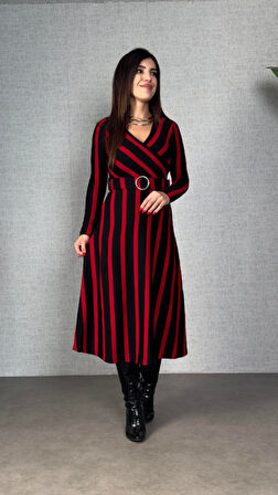 Kadın Uzun Kollu Kruvaze Yaka Kemer Dahil çizgili Triko Elbise