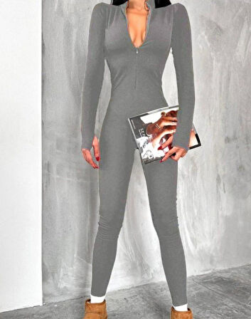 Kadın Uzun Kollu V Yaka Baş Parmak Geçirmeli Detay Kaşkorse Tulum