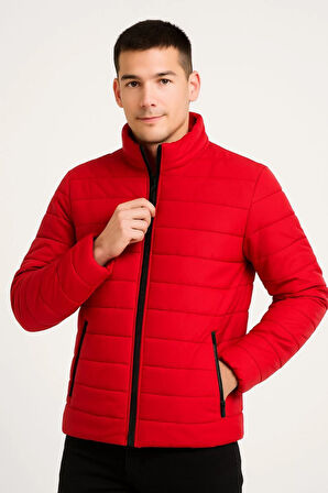 Erkek Bomber Mont Ceket – Su İtici Kumaş, Kapitone Astarlı, Fermuarlı, Kışlık - Kırmızı