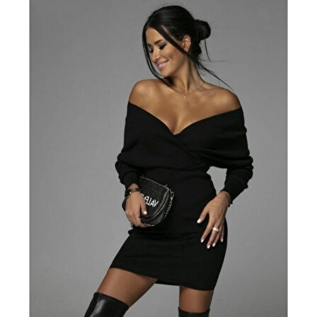 Kadın Uzun Kollu Omuzlar Açık Detay Triko Elbise