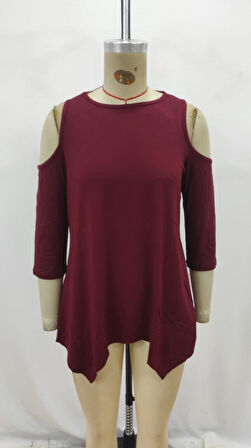 Kadın Omuzlardan Açık Sıfır Yaka Asimetrik Kesim Detay Viskon Bluz