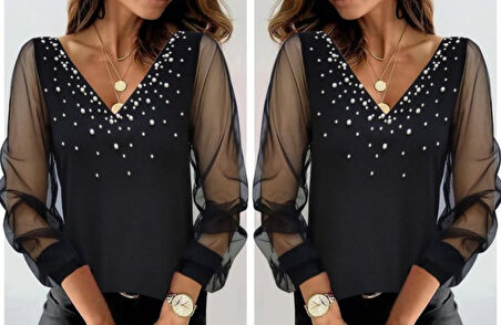 Kadın Uzun Kollu V Yaka Kolları Tül Yaka Kenarı Ve Göğüs Inci Detay Krep Bluz
