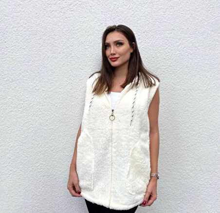 Kadın Kapüşon Ve Fermuar Detay Welsoft Kolsuz Yelek