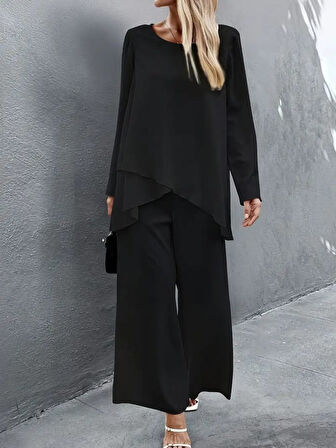 Kadın Uzun Kollu Asimetrik Detaylı Salaş Sandy Bluz Ve Pantolon Ikili Takım