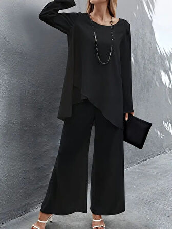 Kadın Uzun Kollu Asimetrik Detaylı Salaş Sandy Bluz Ve Pantolon Ikili Takım