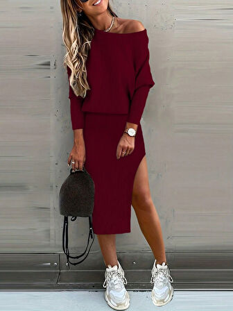 Kadın Uzun Kollu Düşük Omuz Yırtmaç Detay Kaşkorse Etek Bluz Ikili Takım