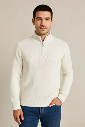Erkek Yarım Fermuarlı Triko Kazak – Selanik Örgü, Dik Yaka, Pamuklu Dokuma, Regular Fit Uzun Kollu Kışlık Model - Beyaz