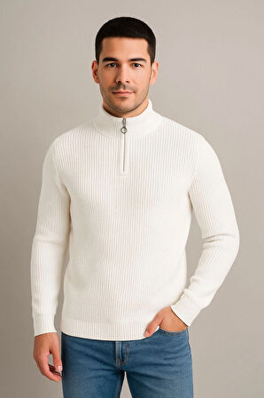 Erkek Yarım Fermuarlı Triko Kazak – Selanik Örgü, Dik Yaka, Pamuklu Dokuma, Regular Fit Uzun Kollu Kışlık Model - Beyaz