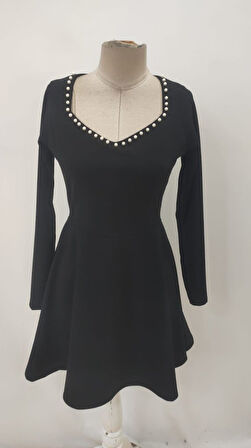 Kadın Uzun Kollu Inci Yakalı Kısa Ithal Krep Elbise