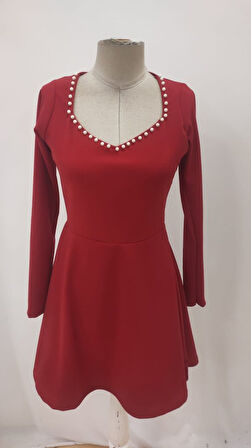 Kadın Uzun Kollu Inci Yakalı Kısa Ithal Krep Elbise