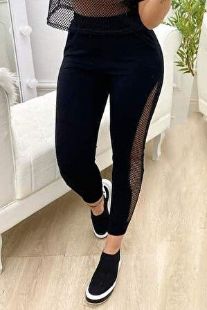 Kadın Yüksek Bel File Detaylı Dar Kesim Viskon Iki Iplik Pantolon