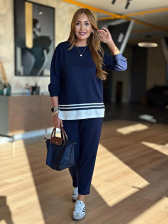 Kadın Uzun Kollu Bisiklet Yaka Ribana Detay Sweat Ve Pantolon Ikili Takım
