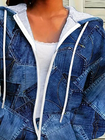 Kadın Uzun Kollu Kapşonlu Fermuarlı Kot Desenli Bağcıklı Modal Ceket