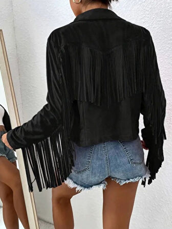 Kadın Uzun Kollu Yakalı Kısa Püsküllü Süet Ceket