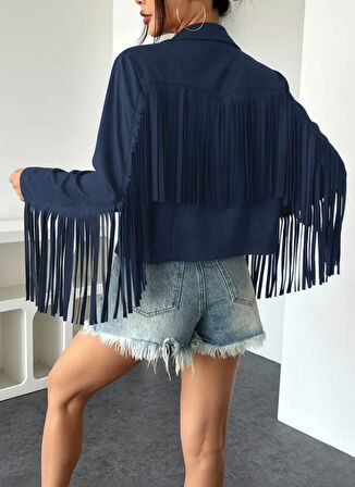 Kadın Uzun Kollu Yakalı Kısa Püsküllü Süet Ceket