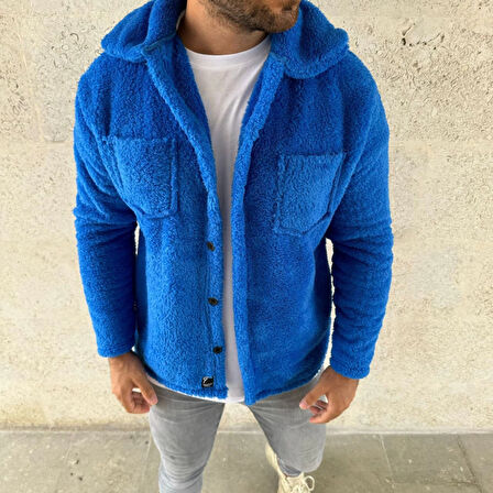 Erkek Pelüş Polar Hırka Gömlek – Yakalı, İlik Düğmeli, Göğüs Cepli, Yumuşak Dokulu Kışlık Regular Fit Rahat Günlük Model - Saks Mavisi