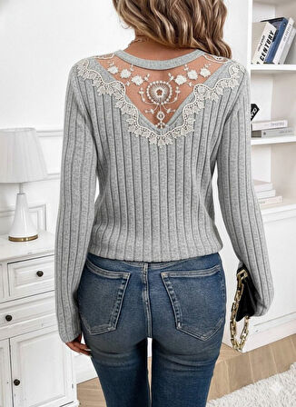 Kadın Uzun Kollu V Yakalı Arkadan Dantel Detaylı şardonlu Kaşkorse Bluz