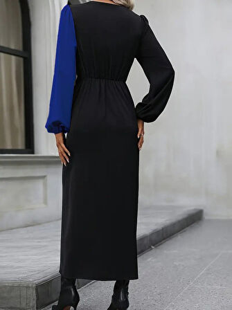 Kadın Uzun Kollu Kruvaze Yakalı Belden çapraz Detaylı çift Renkli Midi Ithal Krep Elbise