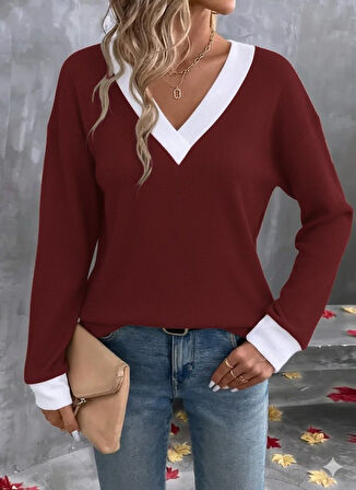 Kadın Uzun Kollu V Yakalı Waffle Bluz