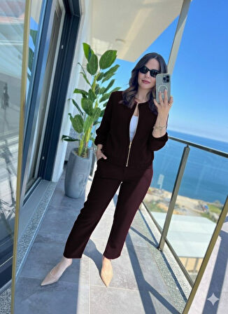 Kadın Uzun Kollu önden Fermuarlı Modal Ceket Ve Pantolon Ikili Takım