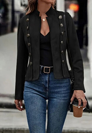 Kadın Uzun Kollu Hakim Yaka Yanlardan Düğmeli Kısa Süet Ceket