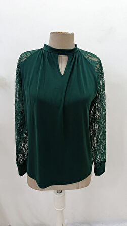 Kadın Uzun Dantel Kollu Yuvarlak Yakalı Sandy Bluz