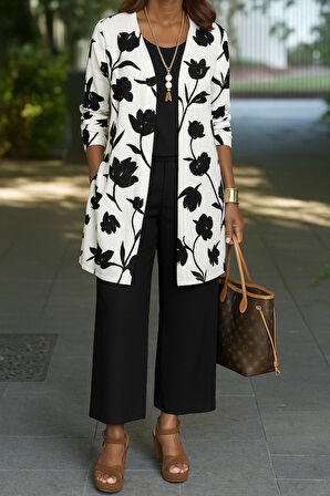 Kadın Uzun Kollu önü Açık Modal Ceket Kolsuz Viskon Iki Iplik Bluz Ve Pantolon üçlü Takım