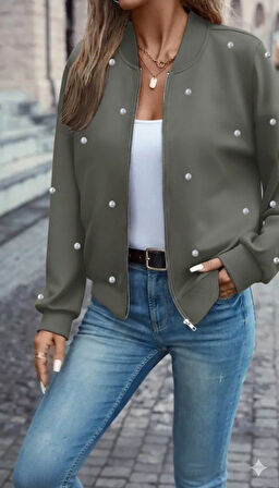 Kadın Uzun Kollu önden Fermuarlı Incili Kısa Modal Ceket