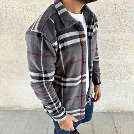 Erkek Ekose Desenli Düğmeli Polar Yakalı Uzun Kollu Gömlek Oversize Rahat Kalıp - Füme