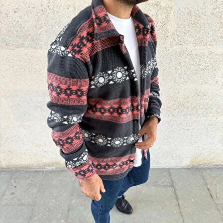 Erkek Desenli Polar Gömlek – Etnik Şerit Desen Yakalı, Uzun Kollu, Düğmeli, Oversize Rahat Kalıp - Füme