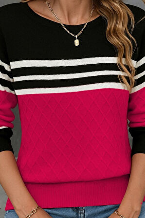 Kadın Uzun Kollu Bisiklet Yaka çok Renkli Triko Bluz