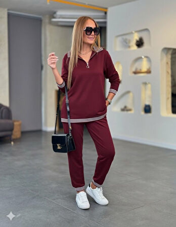 Kadın Uzun Kollu Fermuarlı şerit Detay Desenli Alt üst Ikili Viskon Iki Iplik Takım