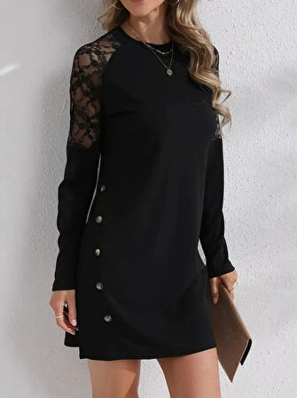 Kadın Uzun Kollu Bisiklet Yaka Dantel Detaylı Visk8n Iki Iplik Düğmeli Mini Elbise
