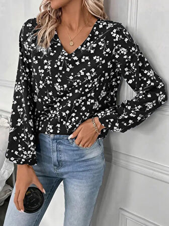 Kadın Uzun Kollu V Yakalı çiçek Desenli Modal Bluz