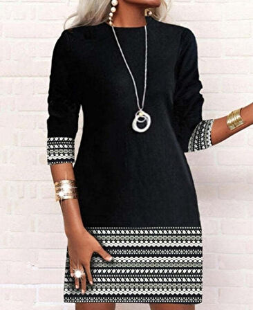 Kadın Uzun Kollu Bisiklet Yaka Kol Ağzı Ve Etek Ucu Baskılı Iki Iplik Elbise