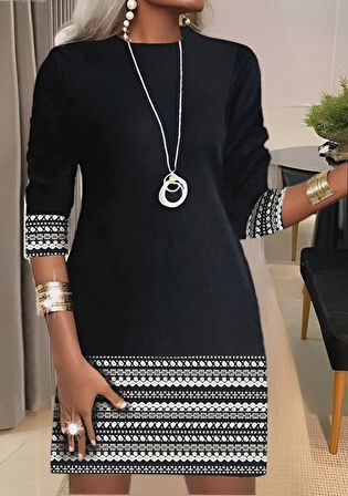 Kadın Uzun Kollu Bisiklet Yaka Kol Ağzı Ve Etek Ucu Baskılı Iki Iplik Elbise