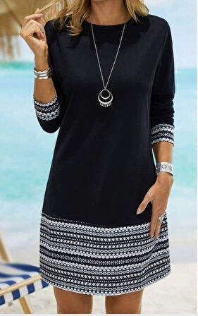 Kadın Uzun Kollu Bisiklet Yaka Kol Ağzı Ve Etek Ucu Baskılı Iki Iplik Elbise
