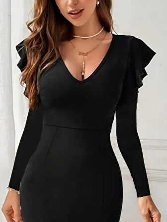 Kadın Uzun Kollu V Yakalı Yandan Yırtmaçlı Midi Ithal Krep Elbise