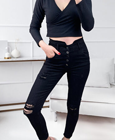 Kadın 5 Düğmeli V Detay Bel Yırtık Kot