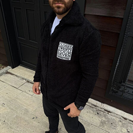 Erkek Polar Fermuarlı Sweatshirt – Kapüşonsuz, Cepli, Yumuşak Dokulu, Oversize Rahat Kalıp, Kışlık Sıcak Tutan Fermuarlı Üst - Siyah