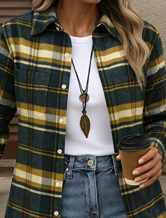 Kadın Uzun Kollu Kare Desenli önden Düğmeli Dokuma Gömlek