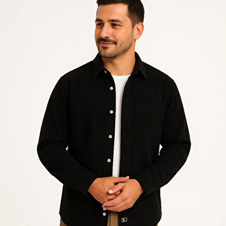 Erkek Fitilli Kadife Cepli Gömlek Oversize Rahat Kalıp - Siyah