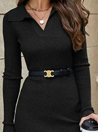 Kadın Uzun Kollu Yakalı Kısa Kaşkorse Elbise (Kemersiz)