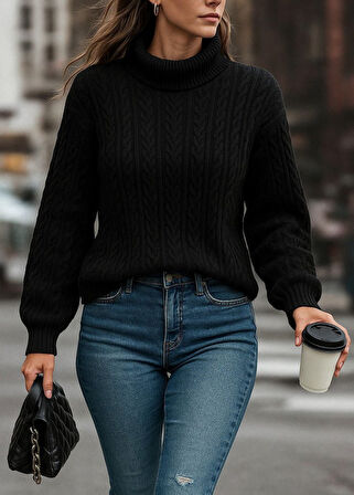 Uzun Kollu Yarı Balıkçı Yaka Triko Bluz