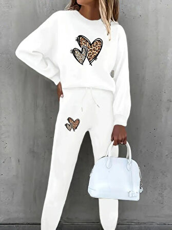 Kadın Uzun Kollu Bisiklet Yaka Kalp Desenli şardonlu üç Iplik Bluz Ve Pantolon Ikili Takım