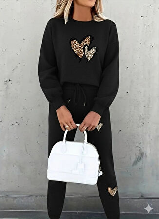 Kadın Uzun Kollu Bisiklet Yaka Kalp Desenli şardonlu üç Iplik Bluz Ve Pantolon Ikili Takım