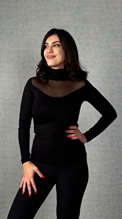 Kadın Uzun Kollu Balıkçı Yaka önü Tül Detay Kaşkorse Kumaş Bluz